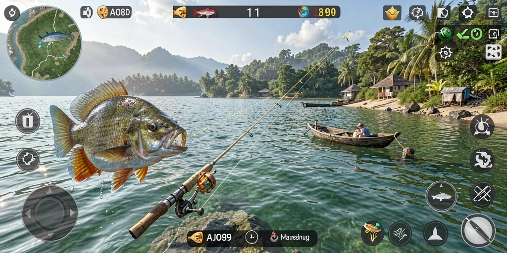 Screenshot utama AJO89 menampilkan gameplay yang seru di lokasi memancing.