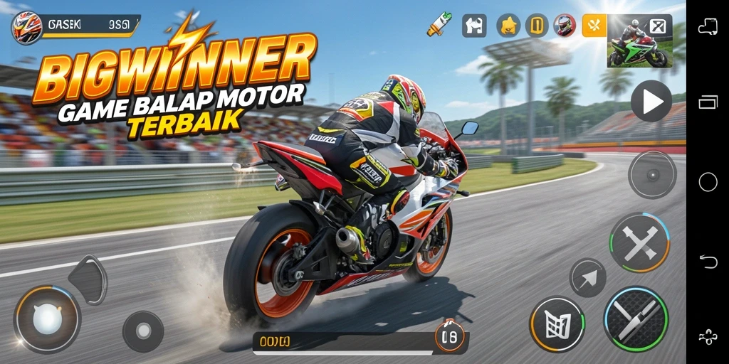 Tampilan permainan balap motor dalam BIGWINNER yang mendebarkan.