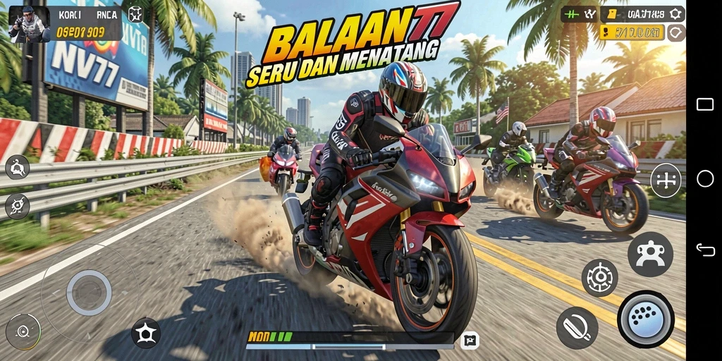 Gameplay NV77 dengan balapan motor yang mendebarkan.