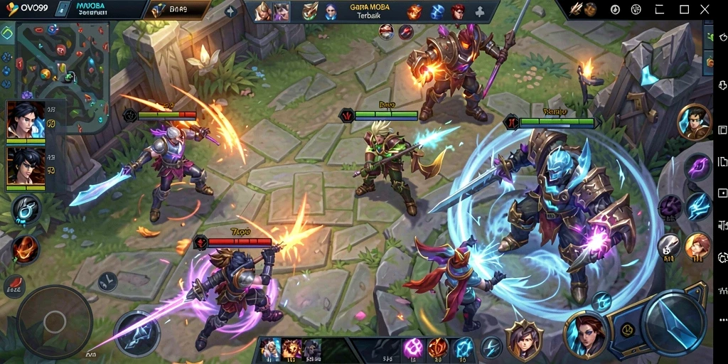 Screenshot utama OVO99 menampilkan aksi seru dalam gameplay MOBA.