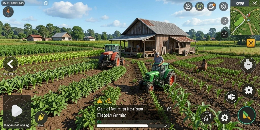 Tampilan gameplay RP99 yang menarik dengan ladang hijau dan berbagai tanaman.