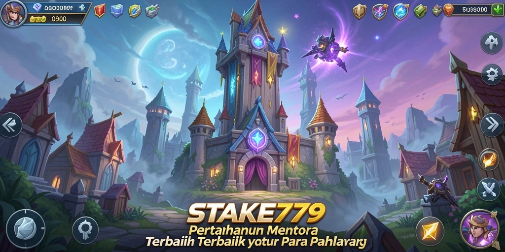 Screenshot gameplay STAKE779 yang menunjukkan menara bertahan melawan musuh.